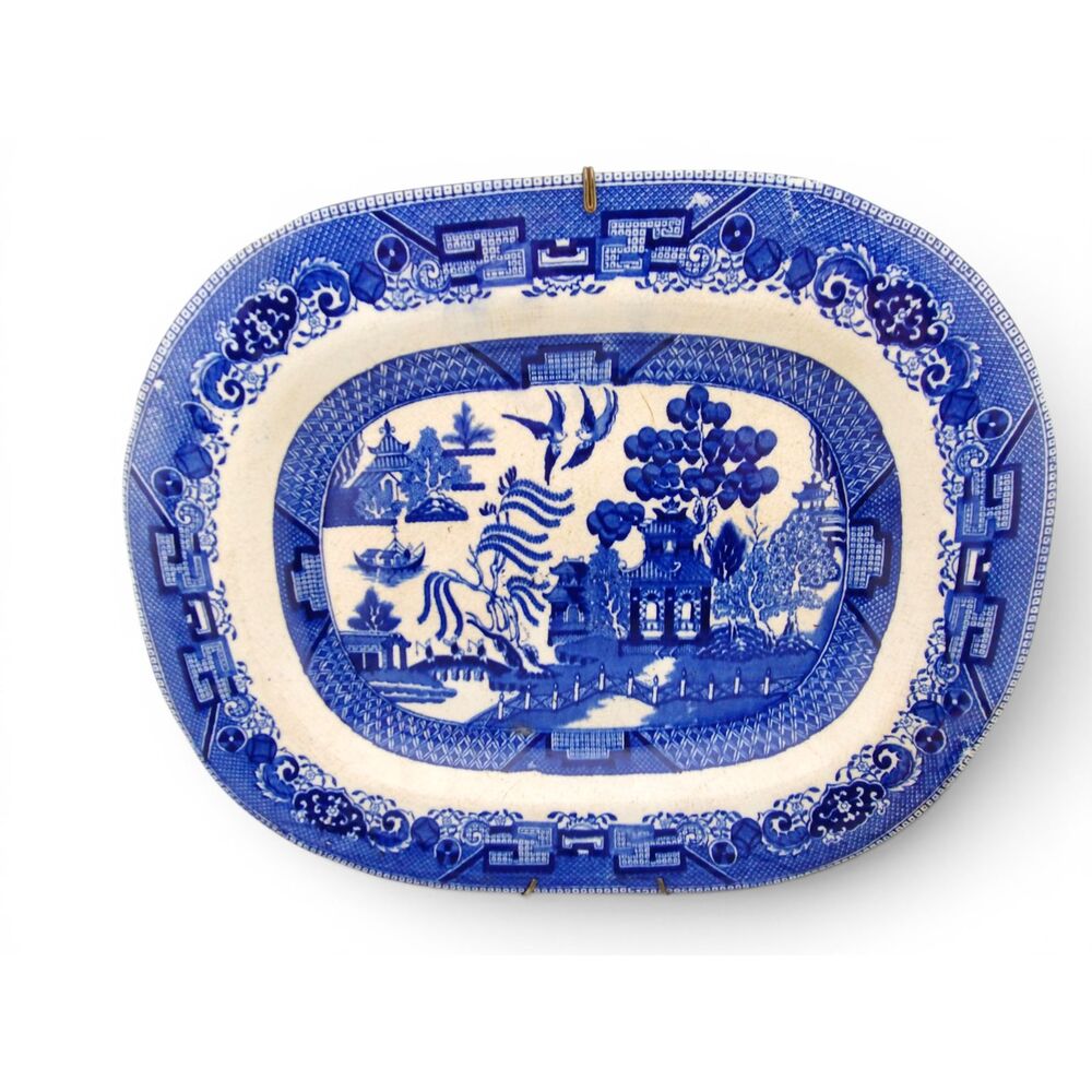 Antique English Blue Transferware Platter, Staffordshire Style, Maker Unknown